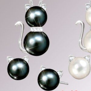 TT-Faux Black Pearls Rhinestone Cat Earring and Necklace Set